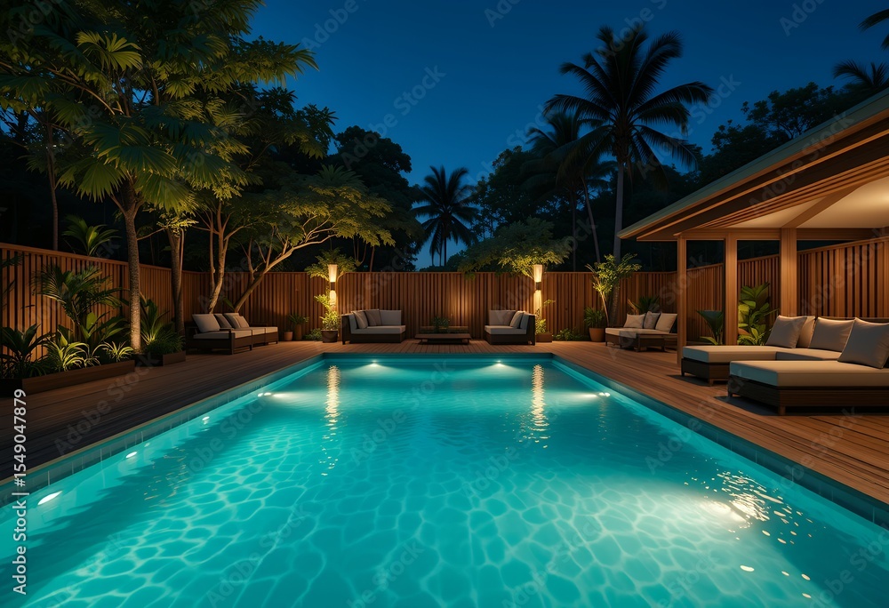 Fototapeta premium luxurious outdoor swimming pool area with comfortable seating surrounded by tropical trees at night