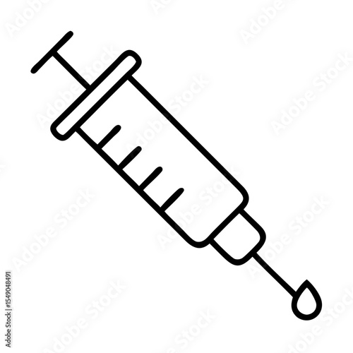 Simple black and white line drawing of a hypodermic syringe with droplet