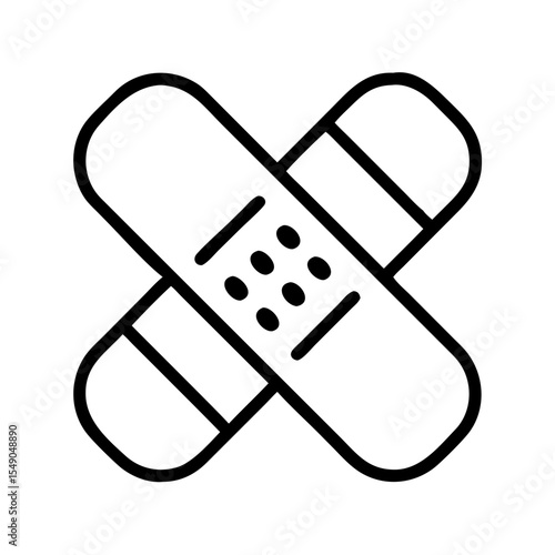 Simple black and white illustration of two bandages crossed for first aid