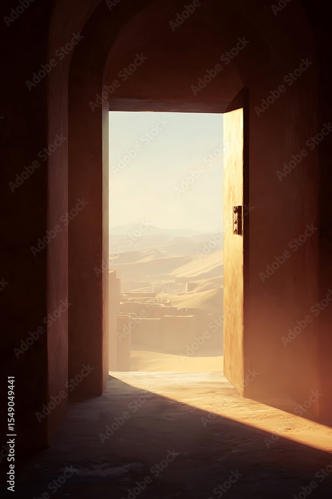 Obraz premium A desert landscape seen through an arched doorway.