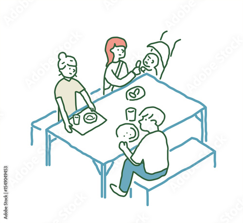 一つのテーブルで食事をする人々　 手描きアイソメトリックイラスト