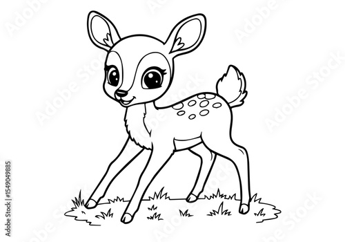 Clumsy kawaii fawn with big eyes standing on grass — cute kids coloring page vector on transparent background
