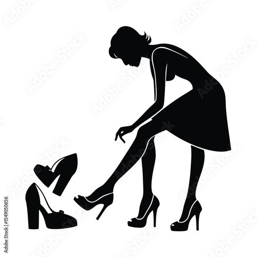 Elegant woman trying on stylish high heels silhouette art against a clean white background
