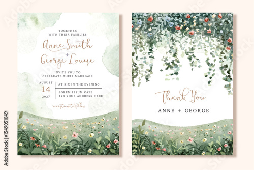 wedding invitation card with floral garden watercolor landscape