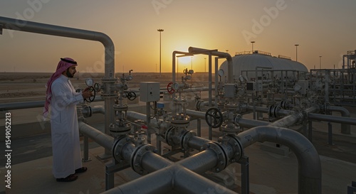 Arabian Sunset: Oil Refinery Worker Monitoring Pipeline Valves