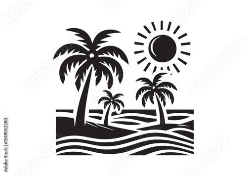 Beach with Palm Tree Silhouette Vector Illustration