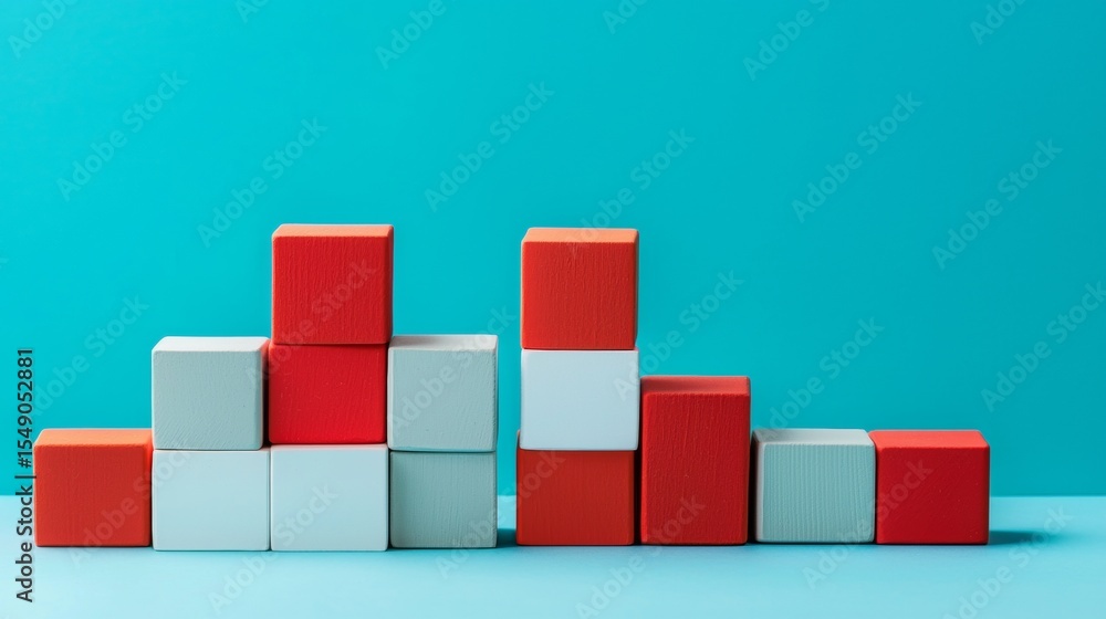 Obraz premium Stacked red white cubes on cyan background creating modern geometric pattern structure abstract 3D composition