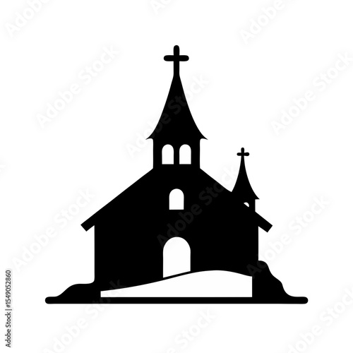 black silhouette of a church in snow on white back.svg