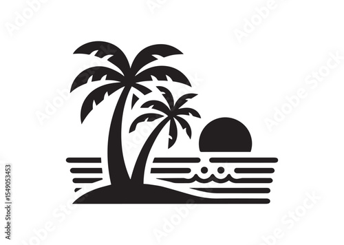 Beach with Palm Tree Silhouette Vector Illustration
