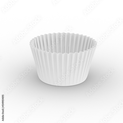 A white cupcake liner with a fluted design, used for baking and serving cupcakes or muffins.