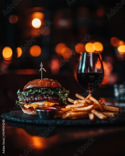 Delicious burger with fries and wine in dimly lit restaurant setting