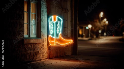 An eye-catching neon cowboy boot sign shines brightly on a building in a calm small town at night, creating a vibrant contrast against the dark surroundings.