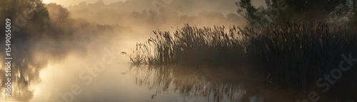 Misty sunrise over a tranquil river.