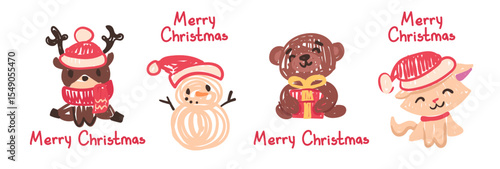 Cute Christmas characters, deer, cat, bear in crayon kid style. Hand-drawn doodle design for children, stickers, cards. Crayon, pastel chalk, pencil drawing in funny childlike way, simple vector set