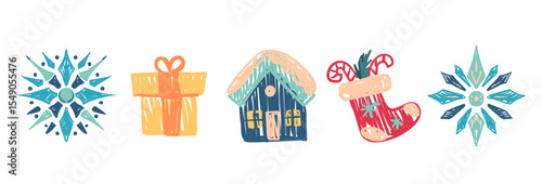 Cute Christmas characters and objects in crayon kid style. Hand-drawn doodle design for children, stickers, cards. Crayon, pastel chalk, pencil drawing in funny childlike way, simple vector set