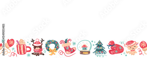 Cute seamless crayon border with Christmas illustrations. Drawings with childish wax crayons. Doodle chalk design for wrapping paper, fabric. Deer, Snow globe, cute cat, snow, tree. Vector drawings