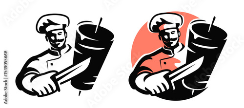 Chef cook prepares kebab in restaurant. Street fast food. Emblem and symbol for restaurant or cafe menu