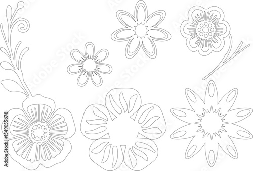 Stylowa czarno-biała ilustracja wektorowa przedstawiająca delikatne kwiaty i liście w minimalistycznym stylu. 