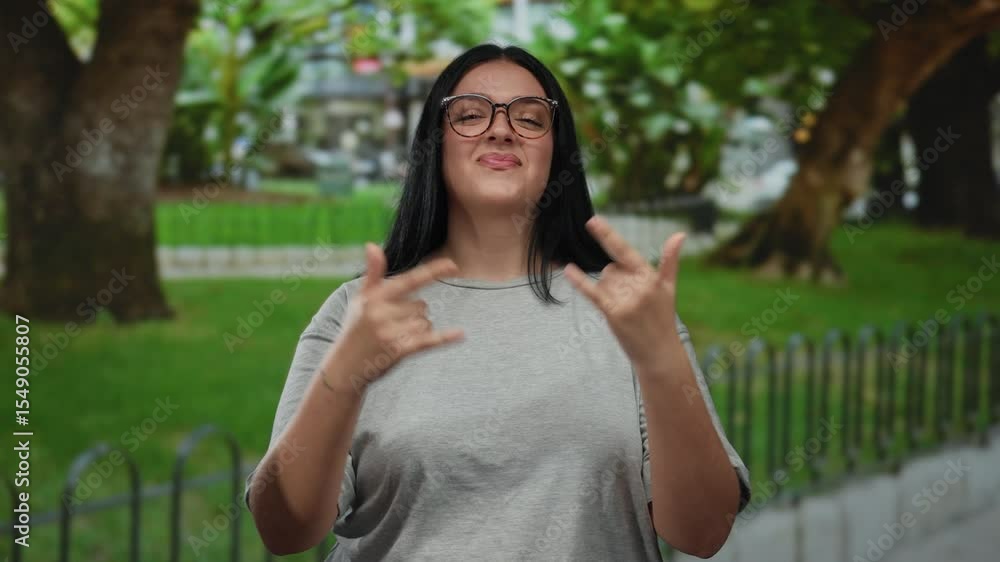 Young woman with glasses gesturing rock sign in a sunny park setting smiling confidently. Young woman with glasses gesturing rock sign in a sunny park setting smiling confidently.