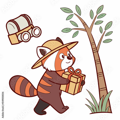 Savannah Heat themed SVG: Funny Red panda with carrying a gift box in a Safari Adventure environment