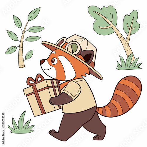 Savannah Heat themed SVG: Funny Red panda with carrying a gift box in a Safari Adventure environment