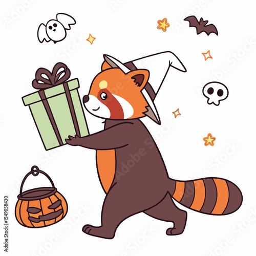 Delightful Bashful Red panda in a Halloween scene with carrying a gift box – Spooky Fun vector illustration