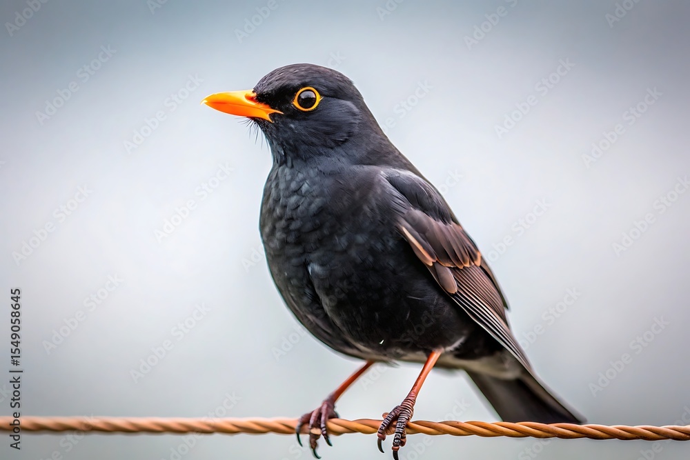 Fototapeta premium Blackbird with orange beak perched on a wire against a pale sky