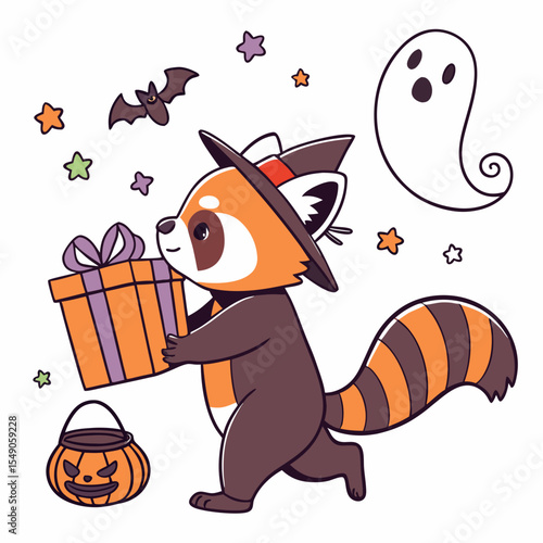 Delightful Bashful Red panda in a Halloween scene with carrying a gift box – Spooky Fun vector illustration