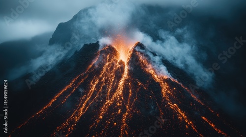 A breathtaking view of a volcano erupting fiercely, surrounded by dark storm clouds that heighten the dramatic and powerful display of nature's raw energy.