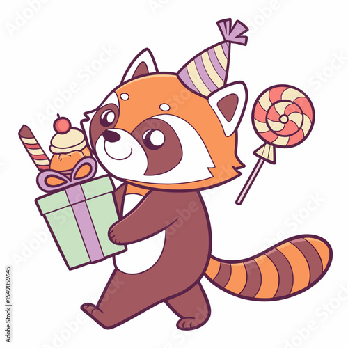 An adorable Red panda with a Cheerful vibe, carrying a gift box, and a Candy Shop Birthday theme – SVG style