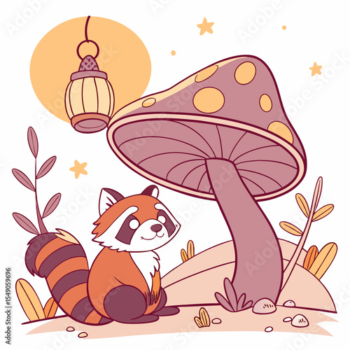 A Dreamy Red panda with under a mushroom in a Desert sunset theme – Sundown Glow palette SVG illustration