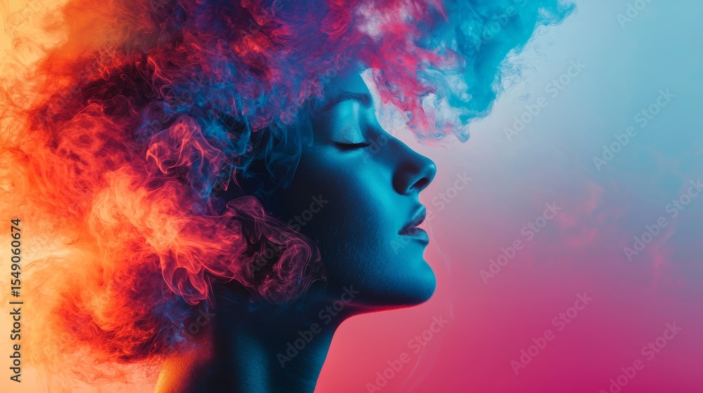 Fototapeta premium Colorful red and blue powder explosion over female face surreal beauty art conceptual visual identity design