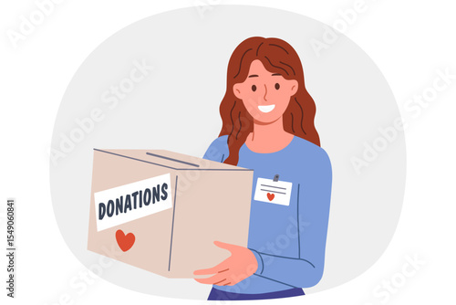 Woman volunteer holds donations box to collect money for people who have lost jobs or become homeless. Volunteer girl looks at screen with smile, offering to donate savings to new charity foundation.