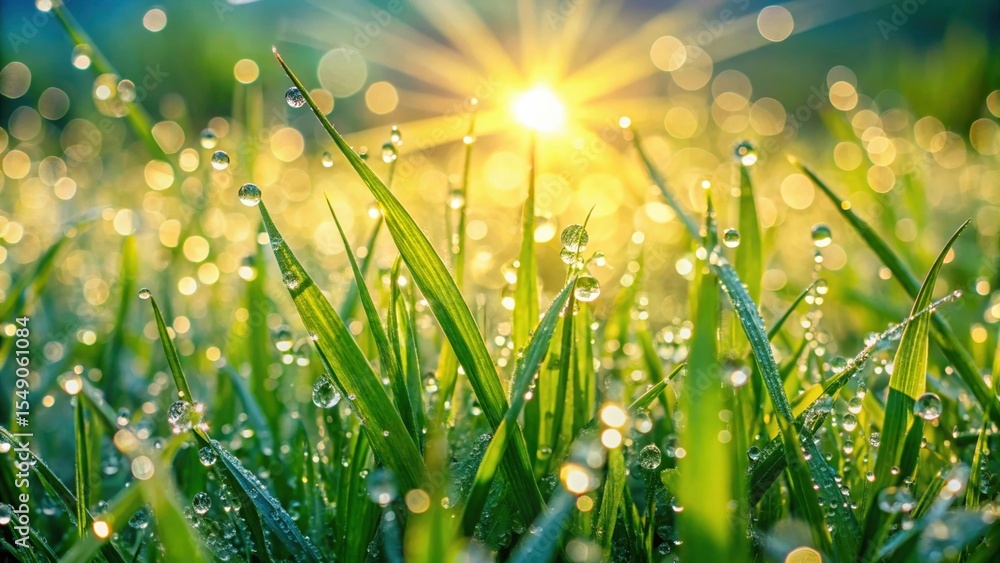 Fototapeta premium Vibrant Green Grass Dew Drops Sunlight Morning Nature Scene