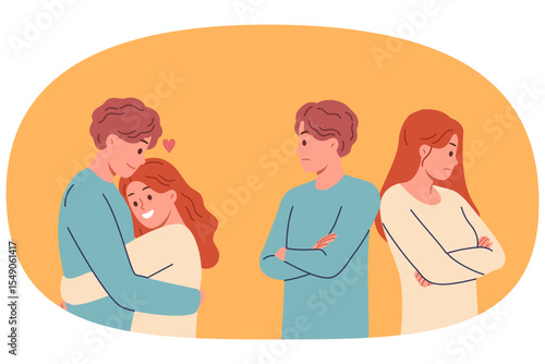 Offended couple experiences disagreements after family quarrel and hugs to try on or restore relations. Conflict between man and woman is resolved thanks visit to family psychotherapist
