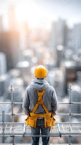 Construction worker in safety harness standing on scaffolding overlooking city skyline, ensu stability and security at construction site, reflecting safety.