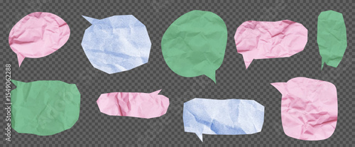 Set of speech bubbles  isolated  on transparent background. Textured dialogue bubbles. old crumpled paper
