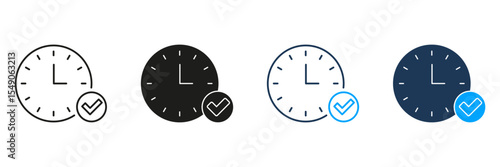 Clock With Checkmark Line And Solid Icon Set. Time Management, Task Completion, And Schedule Confirmation Symbol Collection. Efficient Planning And Productivity. Isolated Vector Illustration