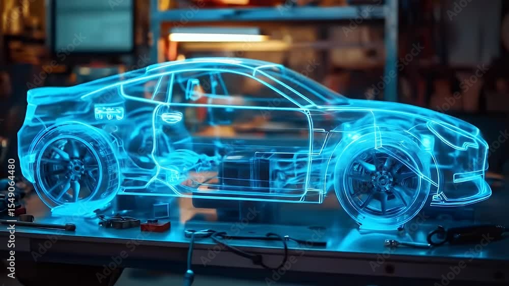 Transparent Blue Car Model Displayed on a Workbench in a Dimly Lit Workshop Transparent Blue Car Model Displayed on a Workbench in a Dimly Lit Workshop