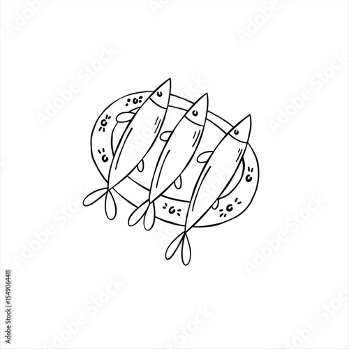 Small fish served on a plate. Food illustration. Hand drawn vector illustration, balck and white minimalist drawing.