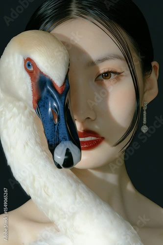 A edgy black hair androgen albino model with the head of an blue swan, the woman is facing the camera and the blue swan head is covering half of her face following the woman head shape