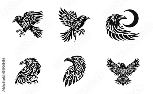 raven tribal modern simple vector black white professional isolated white background