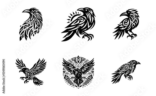 raven tribal modern simple vector black white professional isolated white background