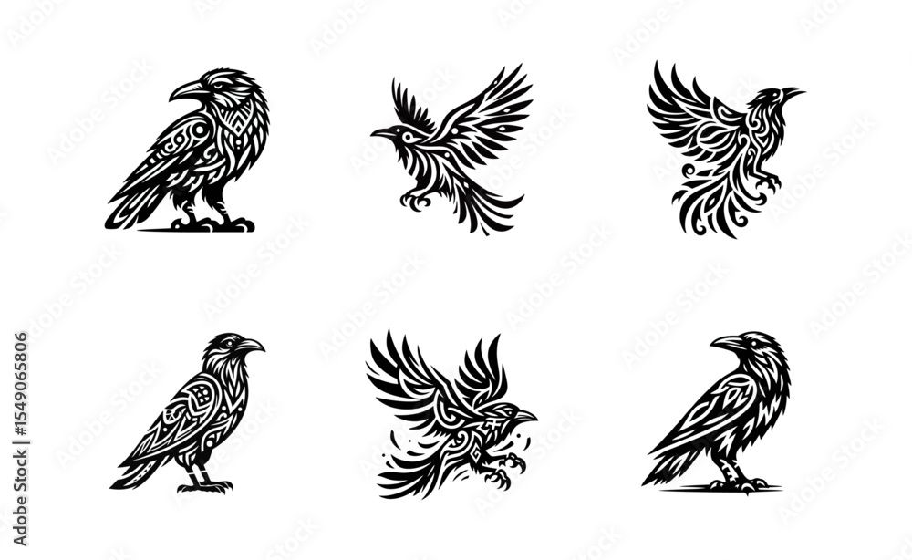 Fototapeta premium raven tribal modern simple vector black white professional isolated white background