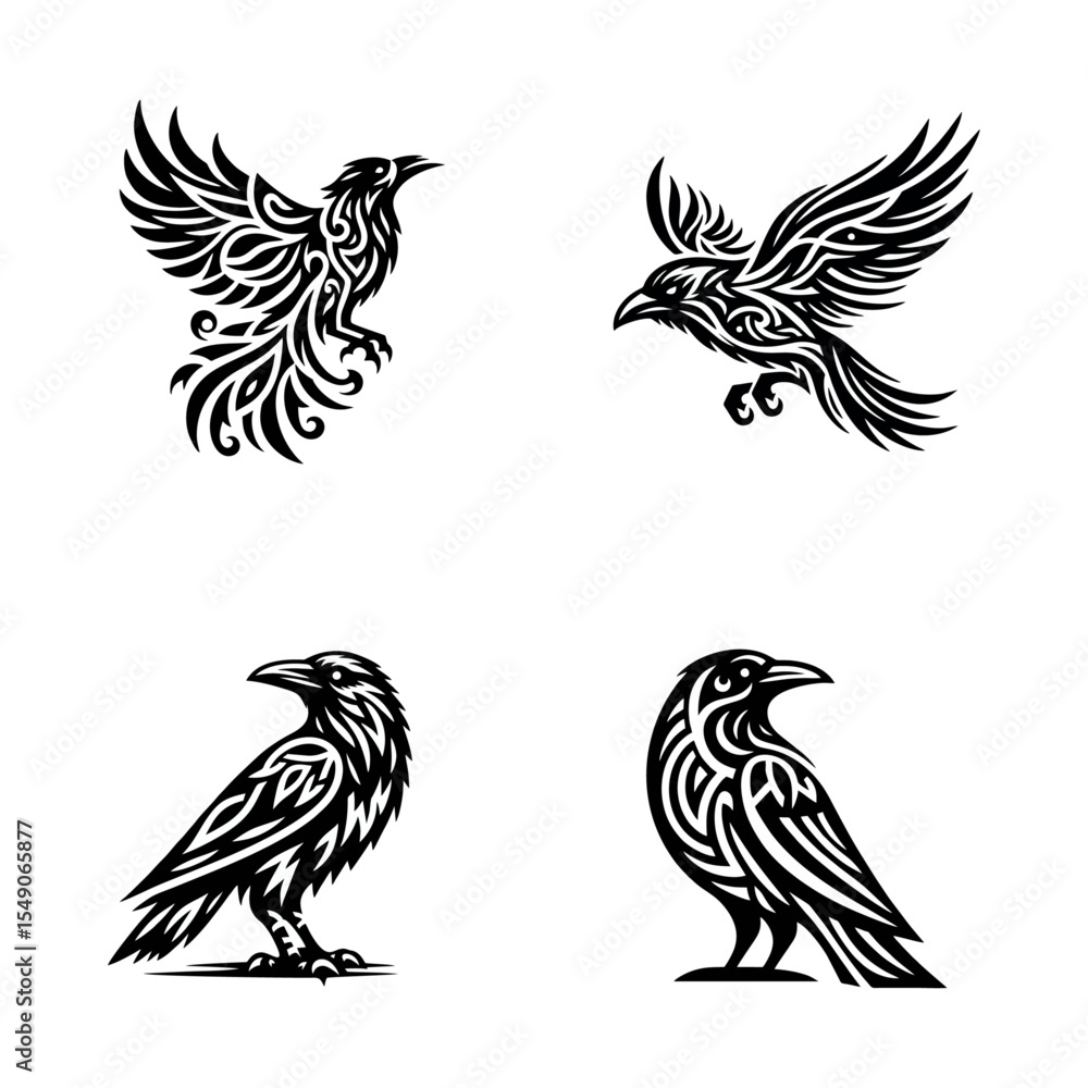 Fototapeta premium raven tribal modern simple vector black white professional isolated white background