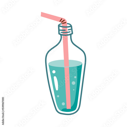 Pure water drink icon in flat style. Glass bottle and drinking glass vector illustration on isolated background. Water beverage sign business concept. Hand drawn cartoon style isolate on white .