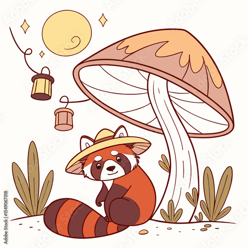 A Dreamy Red panda with under a mushroom in a Desert sunset theme – Sundown Glow palette SVG illustration