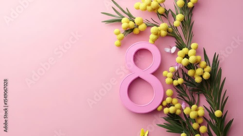 Pink number eight with yellow mimosa flower and green leaf pastel pink background, bright spring composition with delicate butterfly, cheerful and fresh spring atmosphere, soft lighting and copy