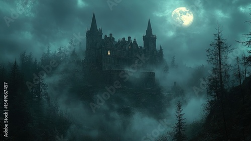 Haunted Castle at Night with Full Moon and Mist in Forest