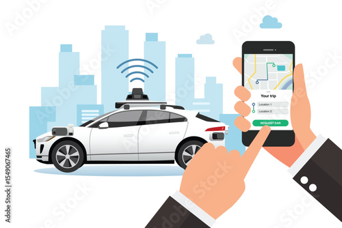 Man booking self driving car by application on smartphone